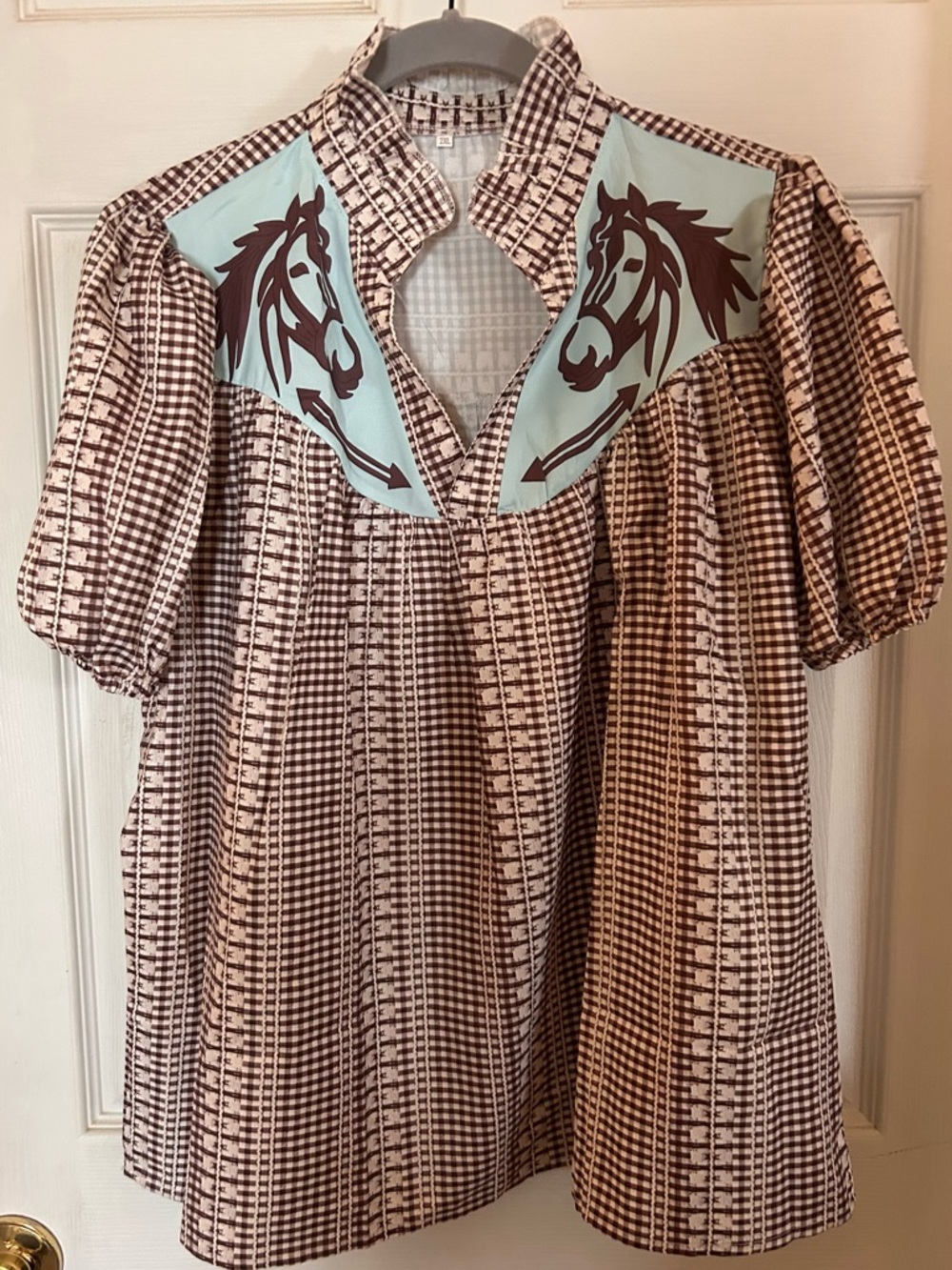 Western Horse Yoke Blouse in Brown and Light Blue - Picture 4 of 7
